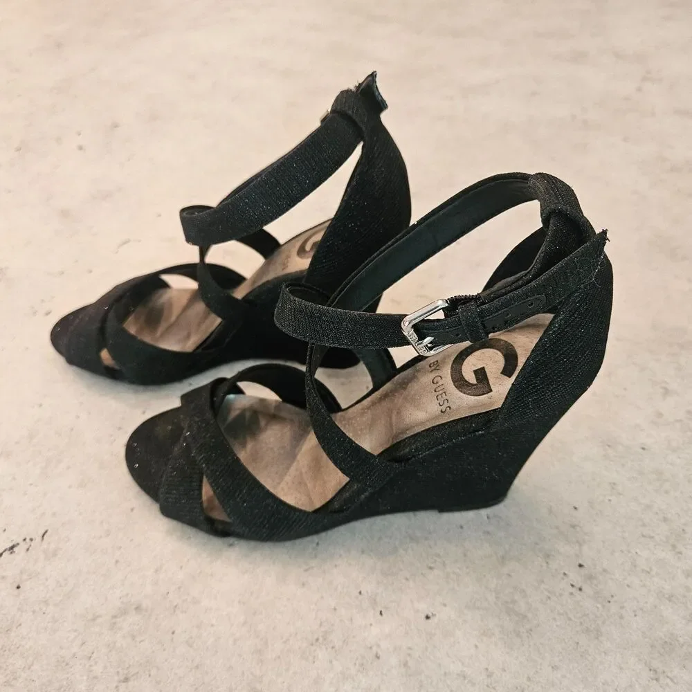 G by Guess Black Glimmer fabric Peep-Toe Wedge Sandals Strappy Night Out Glitter